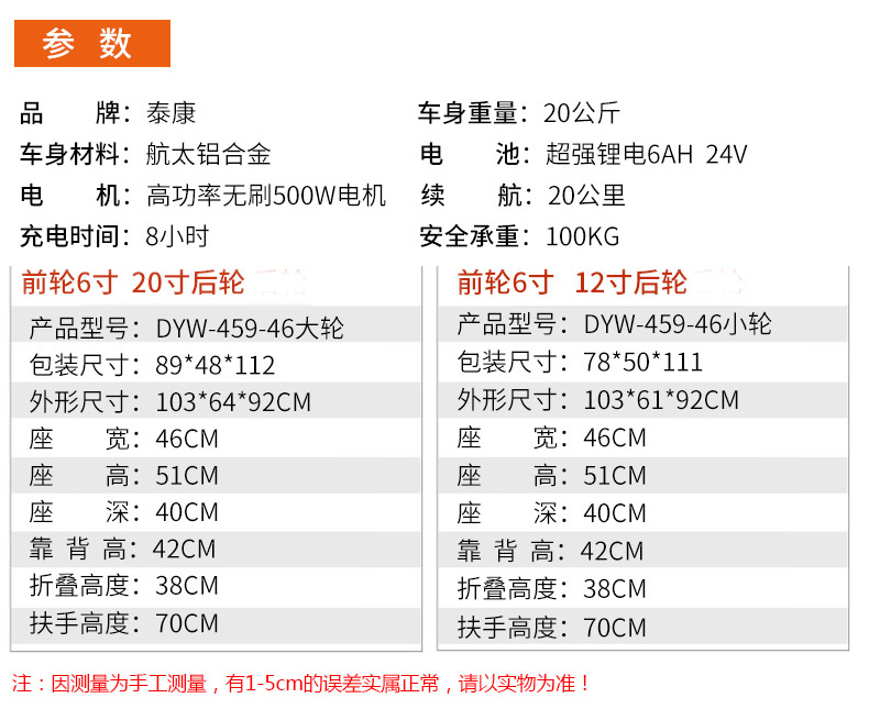 泰康電動輪椅DYW-46鋰電輕便折疊旅行電動輪椅車參數(shù)